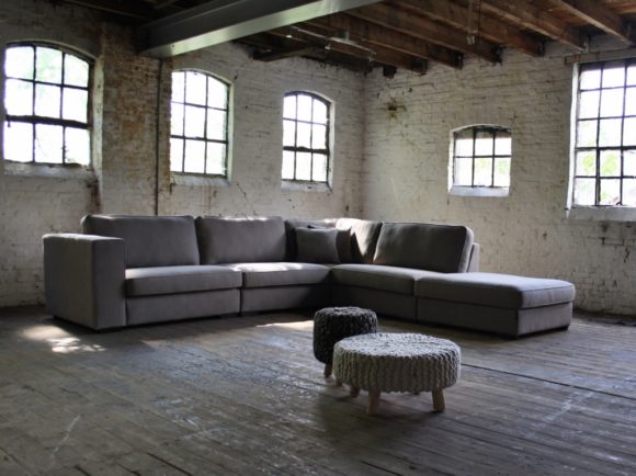 Rural corner sofa Michelle in a gray fabric with a footstool