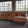 Corner sofa Elena in leather, color cognac brown and with lumbar cushions