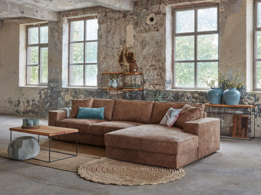 Corner sofa Noelle in leather, in a cognac brown color