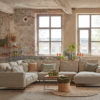 Living area / spacious corner sofa Diane in a beige 'natural' fabric with lumbar cushions