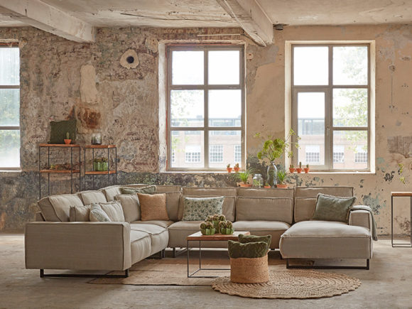 Living area / spacious corner sofa Diane in a beige 'natural' fabric with lumbar cushions