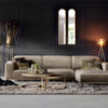 Hoekbank met lounge element in een velvet stof, kleur taupe