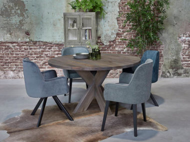 Dining room table Big Circle with metal double X leg and dining room chairs