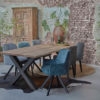 dining room table Big tree with wooden X-leg and chairs