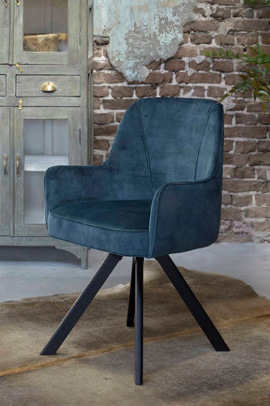 Dining room chair Gio X in a blue velor fabric and black X leg.
