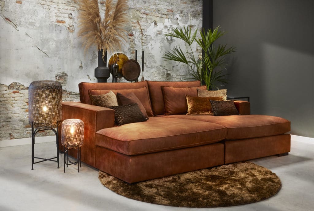 Canapé lounge Annabelle double paresseux, ton-sur-ton couleur cuivre.