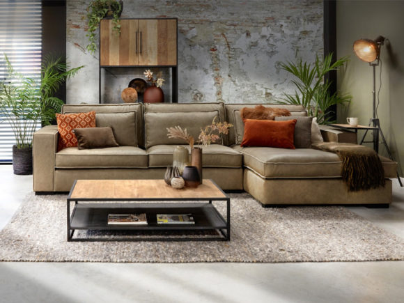 Corner sofa Annabelle in leather, color taupe.
