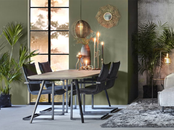 Organic dining table with metal straight legs