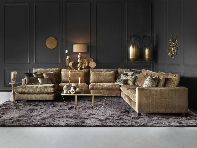 Corner sofa / Living corner Gigi with many seats in a gold-colored (brandy) soft fabric.
