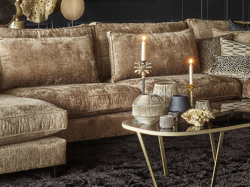 Corner sofa / Living corner Gigi with many seats in a gold-colored (brandy) soft fabric.