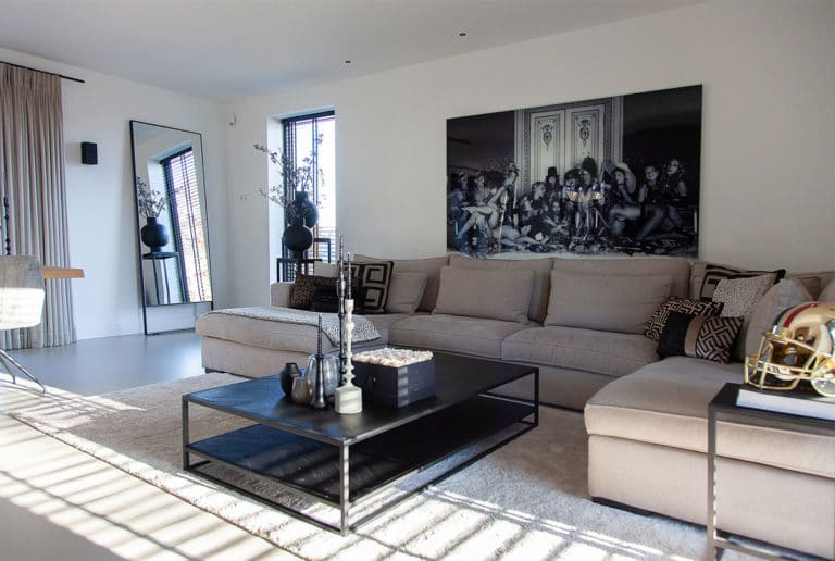Modernes schickes Interieur: helles Sofa mit dunklem Couchtisch und Malerei