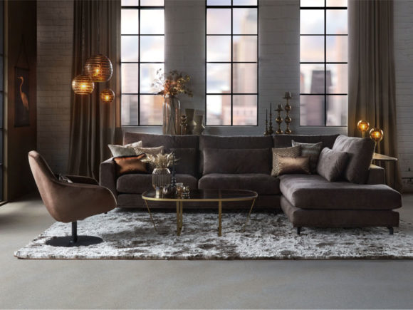 Corner sofa Carmen with ottoman element in a dark brown velvet fabric with swivel armchair