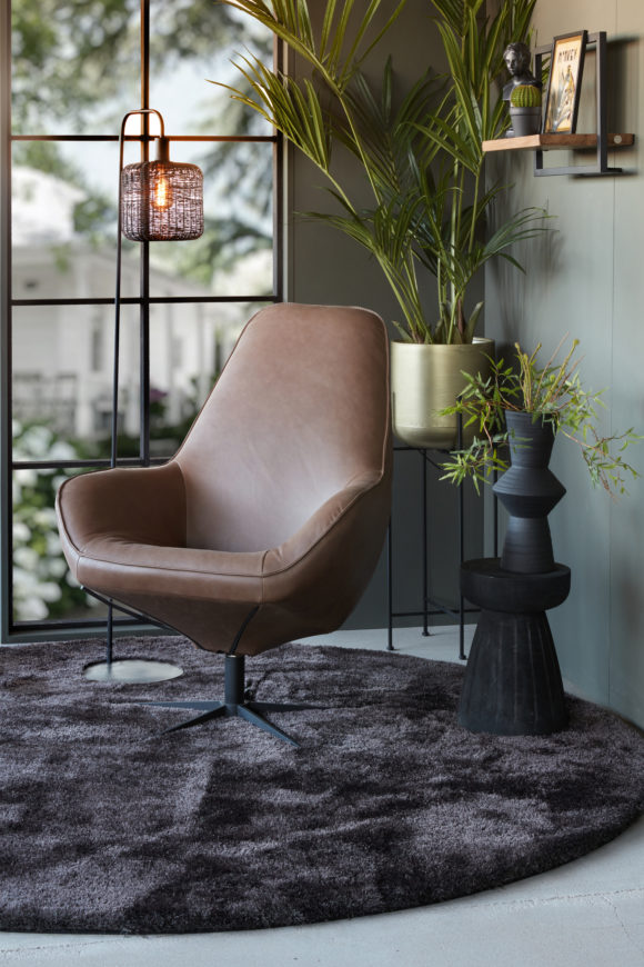 Brown leather swivel armchair with star leg Knox Room108