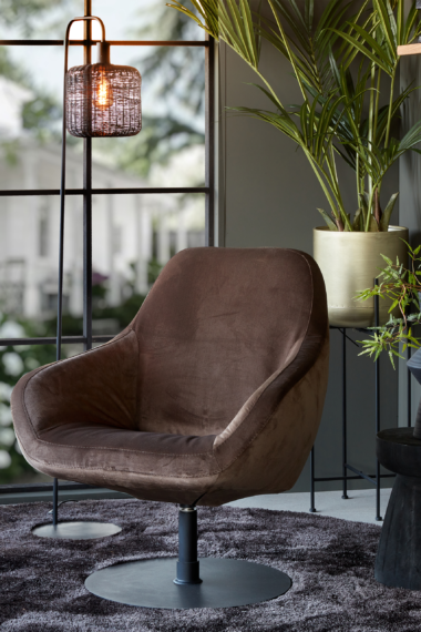 Dark brown velvet swivel armchair with black round leg