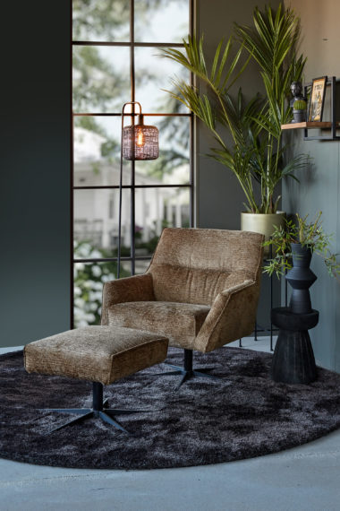 Armchair Tommy with a footstool in soft fabric color brandy