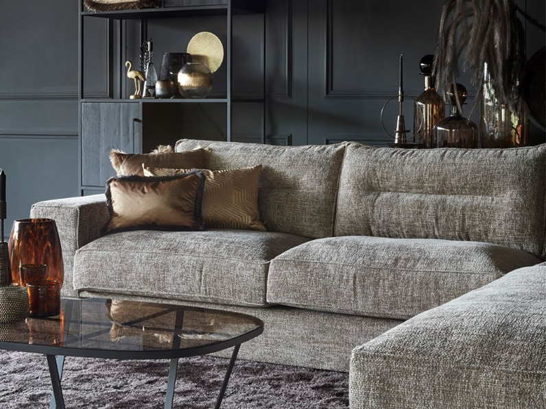Gray sofa with gold cushions
