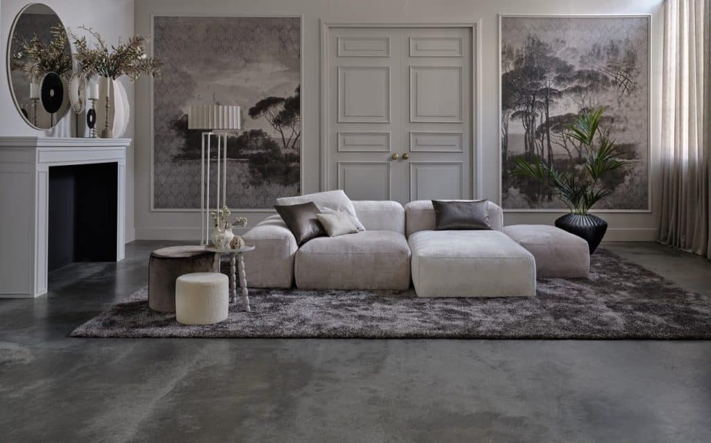 Element-Sofa aus beigem Stoff in zwei Farbtönen. Natürliches und schickes Styling.