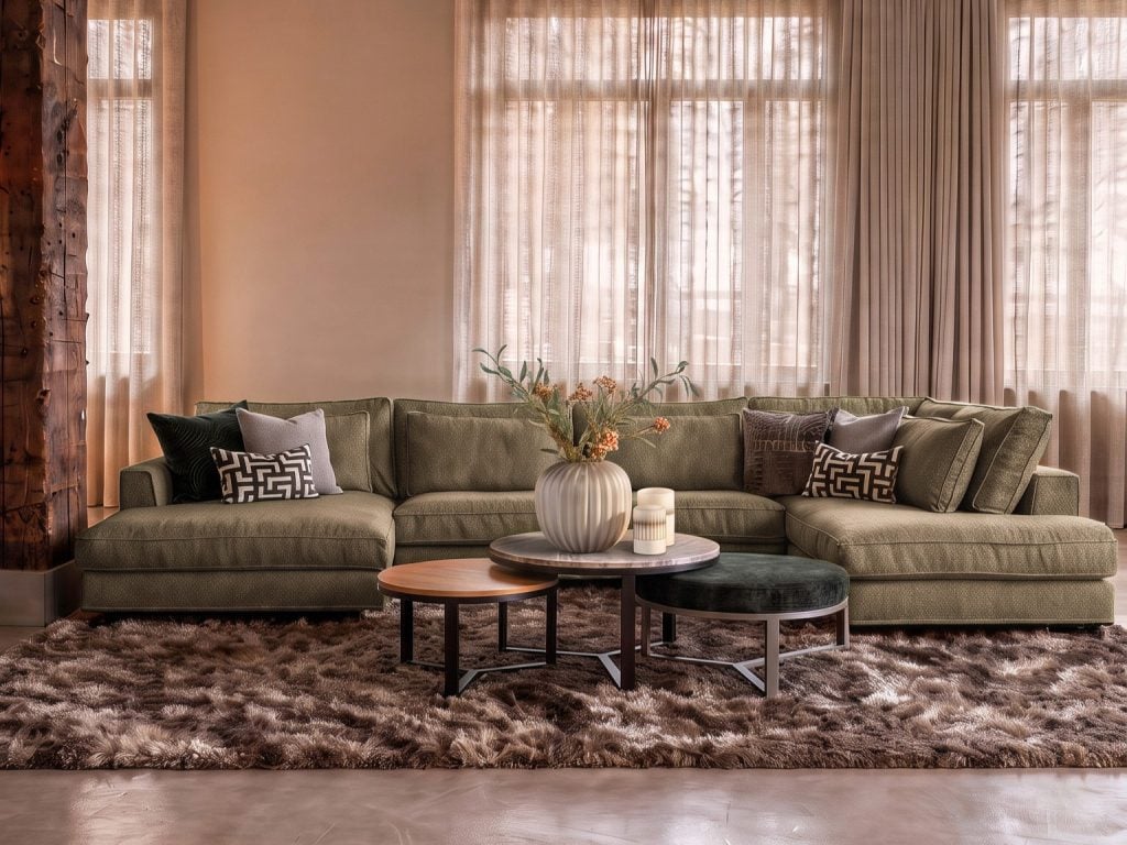 Hoekbank Claire Square in een olijfkleurige groene stof en in een sfeervol interieur